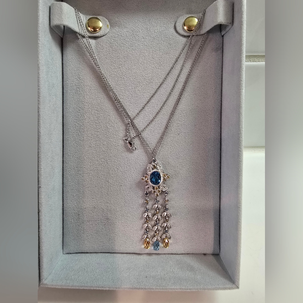 Le Vian 18k white gold necklace with diamonds, blue topaz, citrine drop pendant - Picture 3 of 4